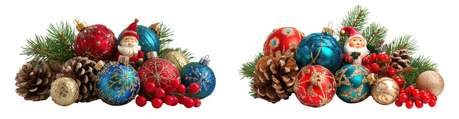 Christmas ornaments and decorations with pinecones, holly berries, and santa figures, isolated on transparent background