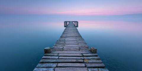 Obraz premium Wooden Pier Extending into Calm Lake with Mist and Pink Sunrise Horizon