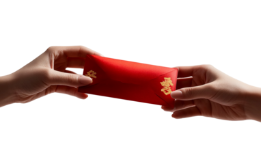 Close up of a red envelope Hongbao being presented for Chinese New Year tradition and gifting isolated on transparent background PNG