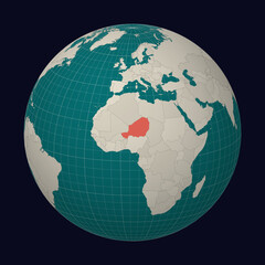 Republic of Niger on the map. Globe centered to Niger. Country location on the world map. Teal Pale Mint color palette. Globe with countries, meridians and parallels. Modern vector illustration.