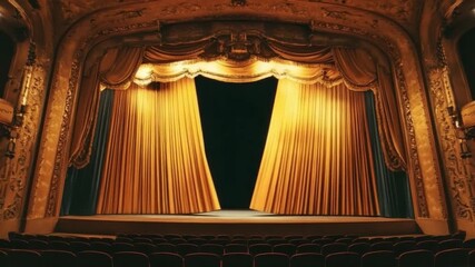 Discover the elegance of a theater stage. This visual features a dramatic curtain and empty seats waiting for the next show. Feel the anticipation of an upcoming performance. AI