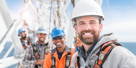 Confident Team on High: A group of diverse engineers wearing hard hats and safety gear, stand tall, showcasing a sense of unity and expertise amidst the structural framework of a modern building.