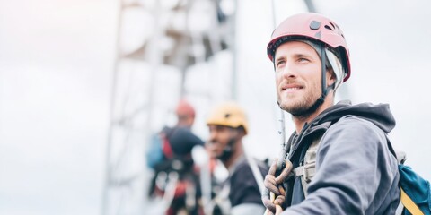 A climber's determined gaze and confident stance, harnessed amidst the challenges, capturing the essence of determination. The vibrant colors and outdoor setting, invites viewer.