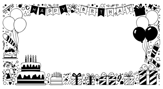 Monochrome doodle birthday party frame with cakes gifts balloons and a Happy Birthday banner.