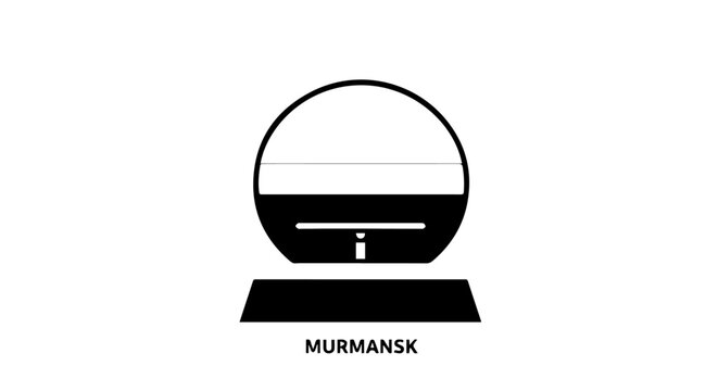 Monochrome graphic icon of a sphere on a stand featuring an abstract Tshape and a horizon line.