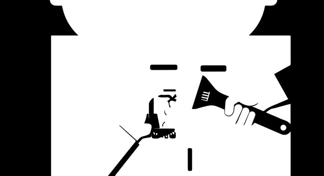 Monochrome graphic of a stylized figure being repaired with a wrench and another tool.