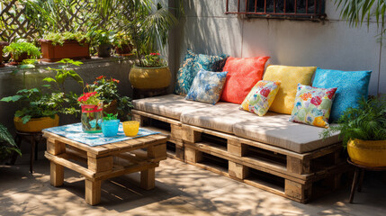A cheerful patio retreat with handmade pallet furniture, bright cushions, and a relaxed summer ambiance--perfect for lounging outdoors