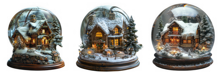 Three illuminated winter village snow globes with houses and trees, isolated on transparent background