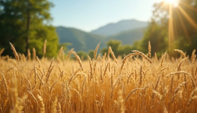 Golden teff field under sunny sky. Organic farmland with ripe crop ready for harvest. Pastoral scenery with rolling hills and trees. Healthy eating and ecology theme.