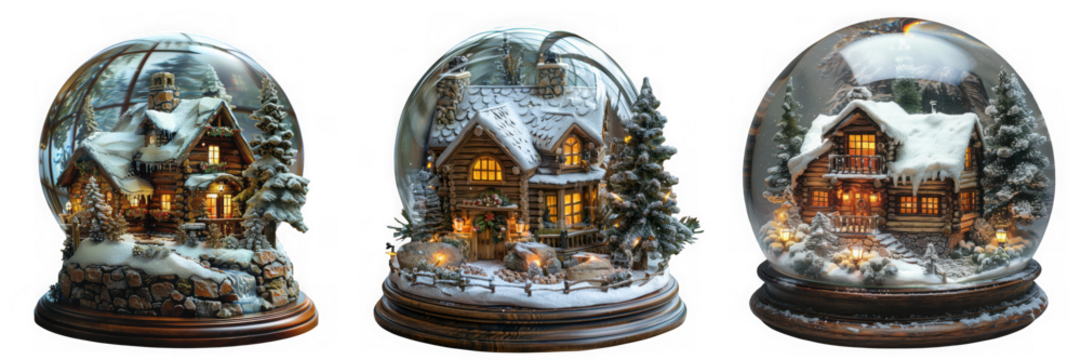Three illuminated winter village snow globes with houses and trees, isolated on transparent background - Powered by Adobe
