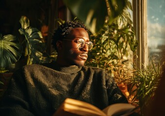 Young man reading a book surrounded by plants looking out the window