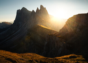 Naklejka premium Sunrise in the mountains at Seceda in the Dolomites, Italy.