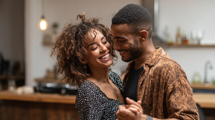 A happy, diverse young couple enjoys dancing together in their cozy home
