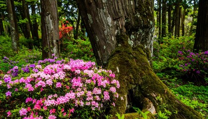 A vibrant display of blooming azaleas in a lush forest garden, showcasing a variety of shades of pink and purple flowers amongst mossy tree roots and mature trees.