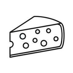 Swiss cheese slice with holes, outlined against white background, triangular shape food