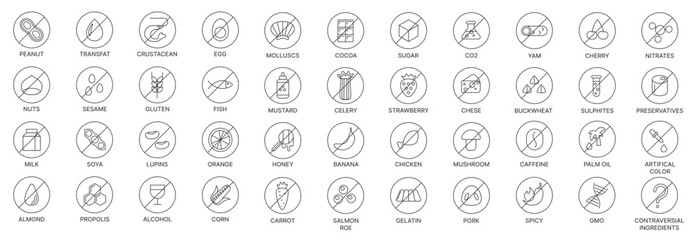 Collection of allergen free icons including nuts, gluten, dairy, seafood, additives, and more, designed for food packaging and labeling, isolated on white background vector illustration