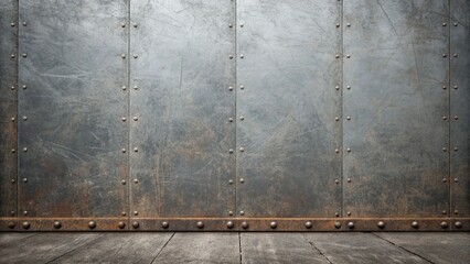 Grunge metal wall with rivets and wooden floor creates a vintage industrial background with a rough and aged texture for design