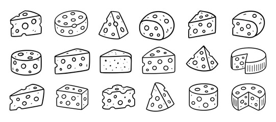 Obraz premium Collection of various cheese slice and piece doodles in hand drawn style, ideal for restaurant menu or culinary design, isolated on white background vector illustration