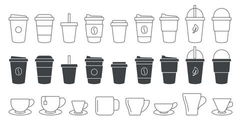 Collection of various coffee cup and mug doodles in line and solid styles, featuring takeaway and classic designs, isolated on white background vector illustration