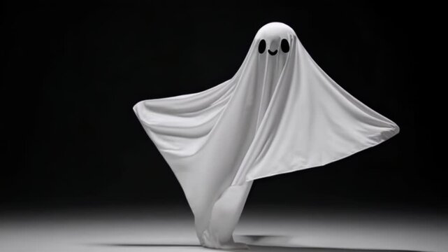 Plain white sheet ghost glides in a soft S-curve across a deep black cyclorama &mdash; seamless looping 4K mid shot with gentle fabric movement and copy space.