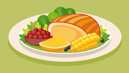 Sliced turkey breast served on a plate with corn, green beans, and cranberries, showcasing a festive Thanksgiving meal composition with vibrant colors and fresh ingredients