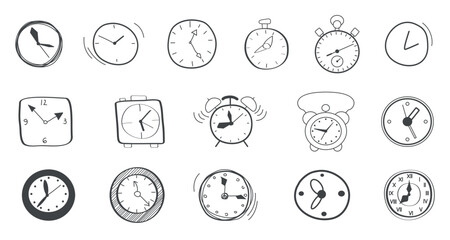 Collection of hand drawn clock doodles featuring various timepieces, alarm clocks, and timers, ideal for creative projects and time concepts, isolated on white background vector illustration © lembergvector