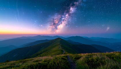 Majestic mountain vista under a night sky ablaze with the Milky Way.