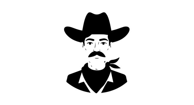 Monochrome vector portrait of a mustachioed cowboy wearing a classic hat and bandana.