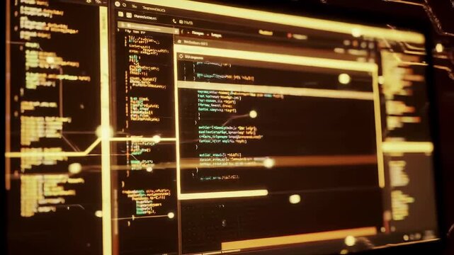 Programming code on computer screens with syntax highlighting. Software development workspace environment for coding, debugging, and application building in modern technology setting.