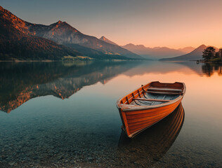 Obraz premium A boat on a calm lake reflecting mountains at sunset or sunrise sky
