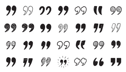 Collection of diverse hand drawn quotation marks, speech bubbles, and quote icons for messaging, dialog, and typographic design, isolated on white background vector illustration © lembergvector