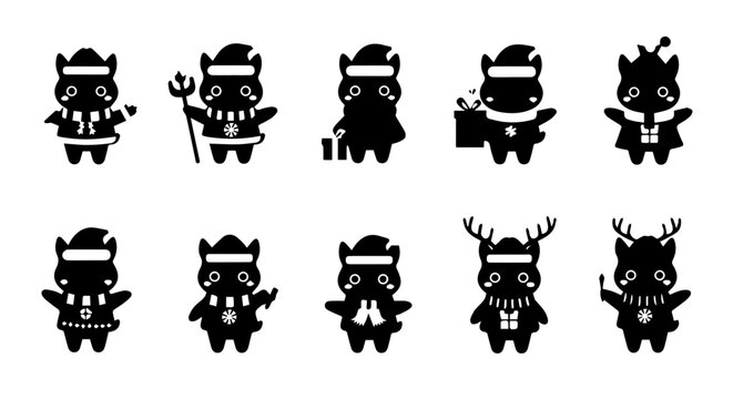 Set of cute black monster character icons for Christmas wearing winter hats scarves and reindeer antlers.