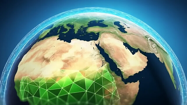 Earth globe with africa visible and a green network overlay on the continent on transparent background
