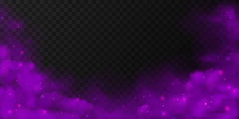 Glowing purple smoke with sparkles isolated on transparent background. Magical mystical fog, fantasy night atmosphere. Vector decoration for banner, backdrop, Halloween party, cosmic design themes.