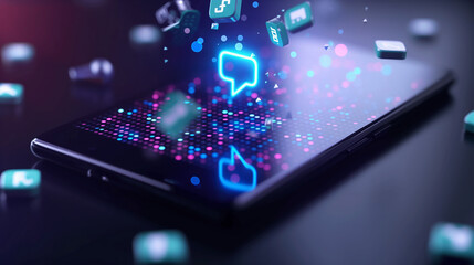 Digital Chat Interface. Smartphone with Social Media Icons. Futuristic Technology for Online Communication.