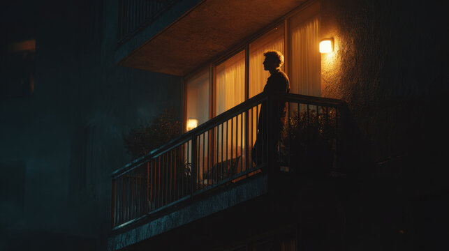 Man standing alone on a balcony at night illuminated by warm indoor light, creating a moody and contemplative atmosphere