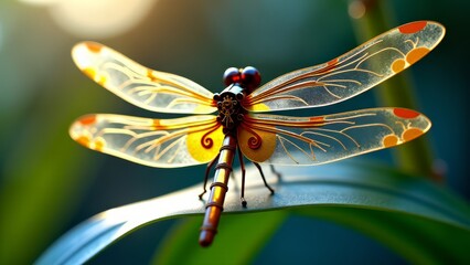 Mechanical dragonfly on leaf close-up