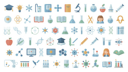 Education and Science Flat Icon Set with Laboratory Equipment and Academic Symbols for Learning and Discovery