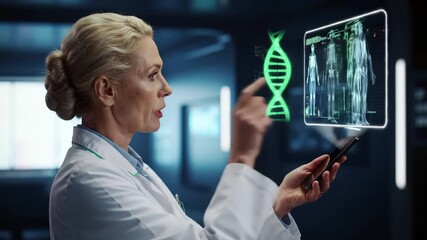 Medical professional analyzing holographic dna structure and skeletal anatomy displays on digital interface. Advanced healthcare technology visualization for genetic research, diagnostic imaging - Powered by Adobe