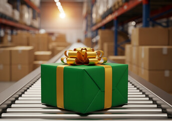 Green Gift Box with Golden Ribbon on Conveyor Belt in Warehouse