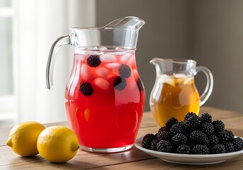Refreshing Blackberry Lemonade with Fresh Lemons and Juice Pitcher