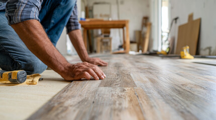 A worker installs vinyl flooring during a home renovation project