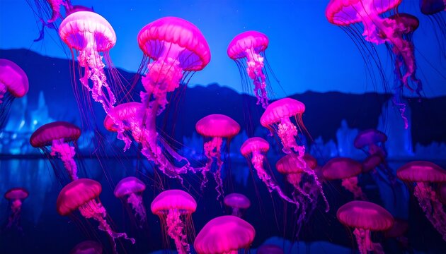 Pink jellyfish in a vibrant underwater scene - Powered by Adobe