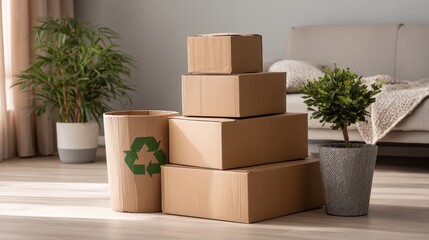 Recycling Concept with Cardboard Boxes and Plants in Cozy Home Interior