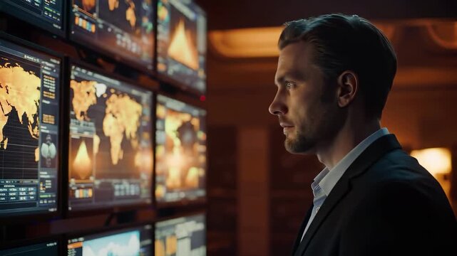 Business analyst monitoring global data on multiple screens. Professional executive analyzing world maps, charts, statistics in tech control center. Digital dashboard interface, cybersecurity