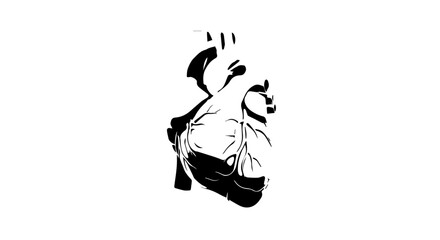 Fototapeta premium Stylized black and white graphic illustration of an anatomical human heart with bold highcontrast lines.