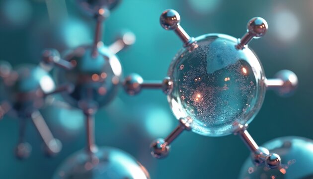 Molecular structure illustration, 3D flat model of nitrous oxide, dinitrogen oxide. Microscopic view shows abstract chemistry science background with gradient colors and geometric shapes.