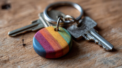 Close-up of a colorful keyring and key lying on a natural wooden background