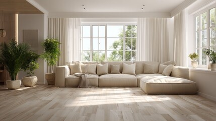 Bright living room with large beige sectional sofa, light wood floor, and big windows