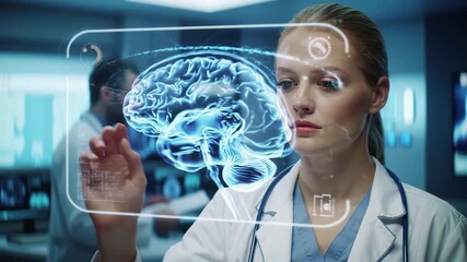 Female neurologist examines holographic brain projection in modern medical facility. Advanced digital healthcare technology enables detailed neurological analysis and diagnosis. Futuristic medicine - Powered by Adobe